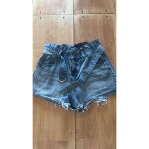 Eunina Paperbag Rolled Shortie Blue Denim High Rise Belted Shorts‎ Small